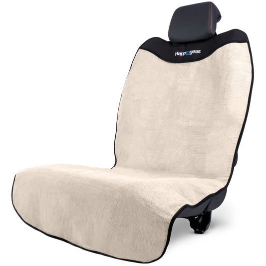 Sand beige Happeseat waterproof microfiber car seat cover fitted on a black car seat