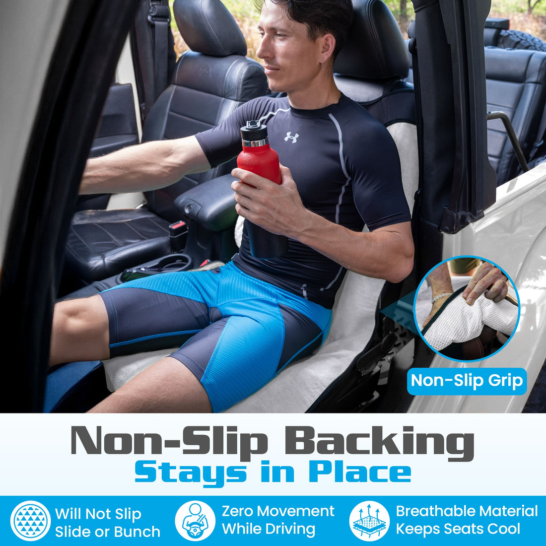 Athlete in a truck on a gray Happeseat car seat cover after a workout