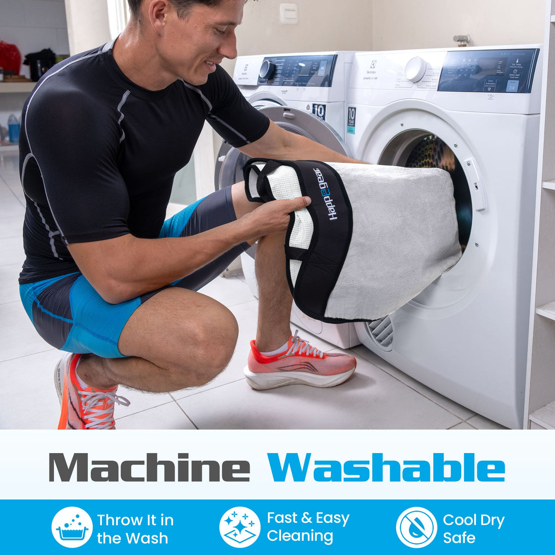 Happeseat waterproof microfiber car seat cover being loaded into a washing machine