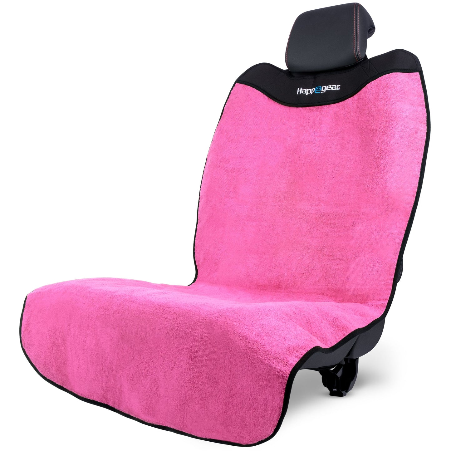 Pink Happeseat waterproof microfiber car seat cover fitted over a black bucket seat on a white background