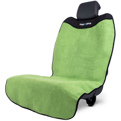 Green Happeseat waterproof microfiber car seat cover fitted over a black bucket car seat