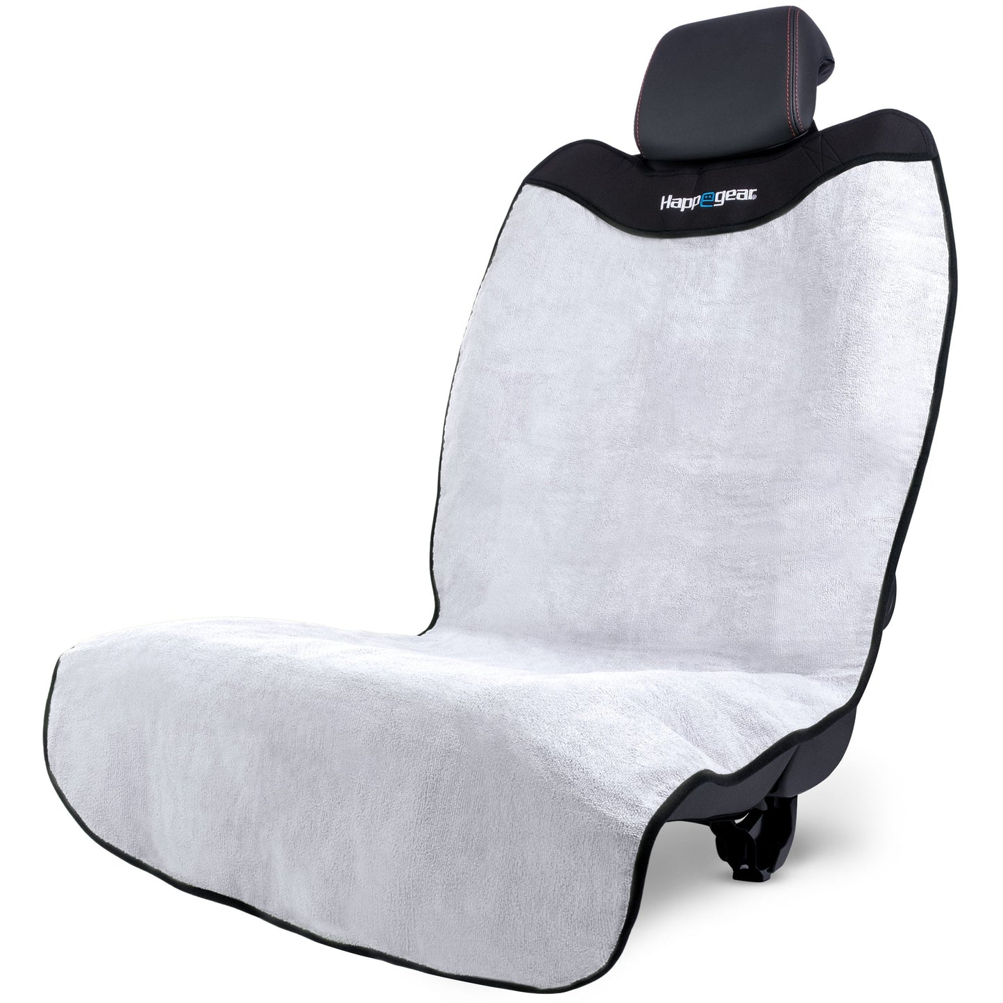 Silver-gray Happeseat waterproof microfiber car seat cover installed over a black bucket car seat