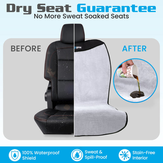Happeseat waterproof car seat cover before-and-after: bare sweat-stained black seat vs. gray covered seat repelling a coffee spill